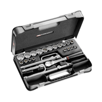 Facom 25-piece 1/2 inch 12-point sockets set SL.161-3P12U in a black case with chrome sockets and ratchet tools.