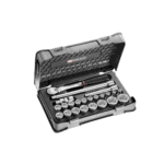 Facom 1/2 inch metric 6-point sockets set SL.161-3P6 in a black plastic case with various socket sizes.