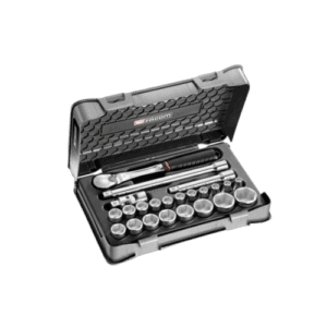 Facom 1/2 inch metric 6-point sockets set SL.161-3P6 in a black plastic case with various socket sizes.
