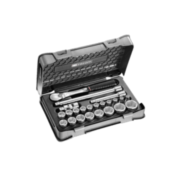 Facom 1/2 inch metric 6-point sockets set SL.161-3P6 in a black plastic case with various socket sizes.