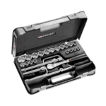 Facom 25-piece 1/2 inch 6-point sockets set in a black case, ideal for automotive and mechanical work.
