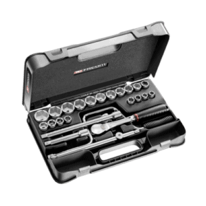 Facom 25-piece 1/2 inch 6-point sockets set in a black case, ideal for automotive and mechanical work.