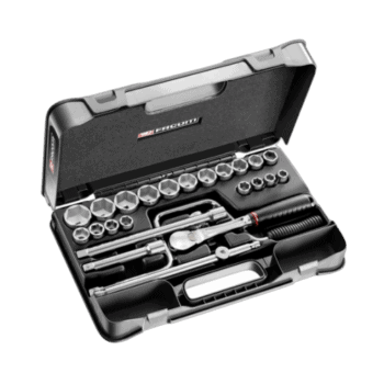 Facom 25-piece 1/2 inch 6-point sockets set in a black case, ideal for automotive and mechanical work.