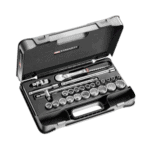 Facom 26-piece 1/2 inch metric 12-point sockets set in a black plastic case for automotive and mechanical use.