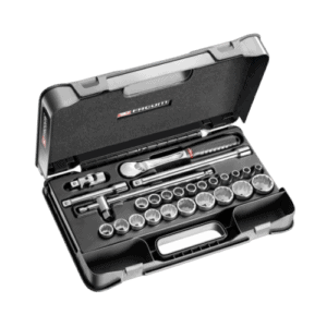 Facom 26-piece 1/2 inch metric 12-point sockets set in a black plastic case for automotive and mechanical use.
