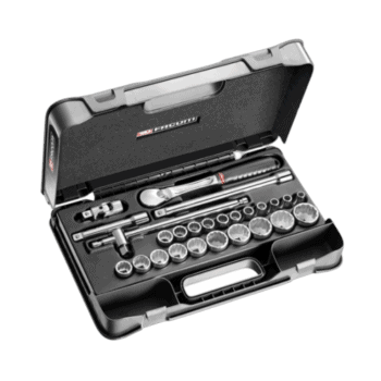 Facom 26-piece 1/2 inch metric 12-point sockets set in a black plastic case for automotive and mechanical use.
