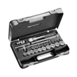 Complete set of Facom 1/2 inch metric 6-point sockets with ratchet and accessories in a black case for professional automotive use.