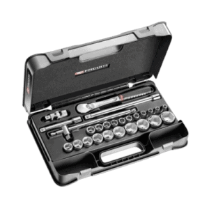 Complete set of Facom 1/2 inch metric 6-point sockets with ratchet and accessories in a black case for professional automotive use.