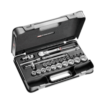 Complete set of Facom 1/2 inch metric 6-point sockets with ratchet and accessories in a black case for professional automotive use.