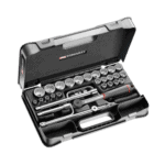 Facom 30-piece 1/2 inch metric 12-point sockets set in a black case with ratchet and accessories for automotive repair.
