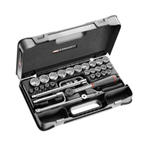Facom 30-piece 1/2 inch metric 12-point sockets set in a black case with ratchet and accessories for automotive repair.