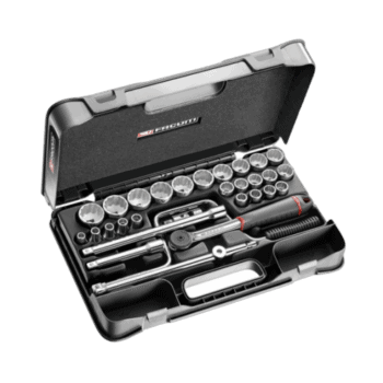Facom 30-piece 1/2 inch metric 12-point sockets set in a black case with ratchet and accessories for automotive repair.