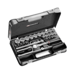 Complete set of Facom 30-piece 1/2 inch metric 6-point sockets with ratchet and accessories in a black case for professional automotive use.