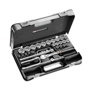 Complete set of Facom 30-piece 1/2 inch metric 6-point sockets with ratchet and accessories in a black case for professional automotive use.