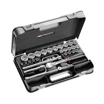 Complete set of Facom 30-piece 1/2 inch metric 6-point sockets with ratchet and accessories in a black case for professional automotive use.