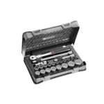 Facom 23-piece 1/2 inch metric 12-point sockets set SL.171-3P12 in a black plastic case with chrome sockets and ratchet.