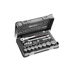 Facom 23-piece 1/2 inch metric 12-point sockets set SL.171-3P12 in a black plastic case with chrome sockets and ratchet.