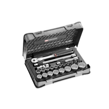 Facom 23-piece 1/2 inch metric 12-point sockets set SL.171-3P12 in a black plastic case with chrome sockets and ratchet.