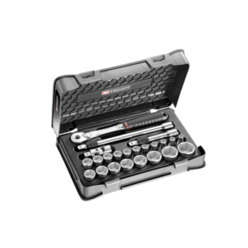 Facom 23-piece 1/2 metric 6-point sockets set SL.171-3P6 in a black case with chrome sockets and ratchet handle.