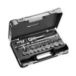 Facom 1/2 inch metric 12-point sockets set SL.171-4P12 in a black plastic case with various sockets and tools.