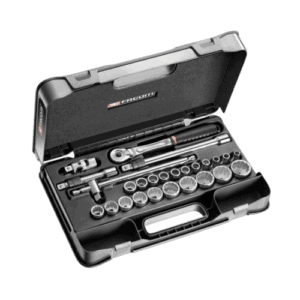 Facom 1/2 inch metric 12-point sockets set SL.171-4P12 in a black plastic case with various sockets and tools.