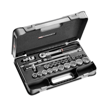 Facom 1/2 inch metric 12-point sockets set SL.171-4P12 in a black plastic case with various sockets and tools.