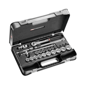 Facom 26-piece 1/2 metric 6-point sockets set in a black case, ideal for professional automotive and mechanical work.