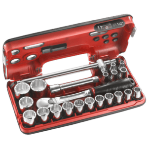Facom DBOX set of 12-point 1/2 metric-size sockets in a red case for professional mechanics.