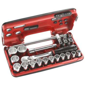 Facom DBOX set of 12-point 1/2 metric-size sockets in a red case for professional mechanics.