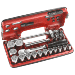 Facom DBOX set of 6-point 1/2 metric-size sockets in a red plastic case with ratchet handle and accessories.