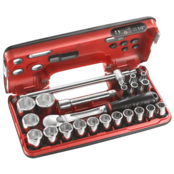 Facom DBOX set of 6-point 1/2 metric-size sockets in a red plastic case with ratchet handle and accessories.
