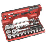 Detection box set with 12-point sockets and ratchet, ideal for automotive and mechanical work, in a red plastic case.