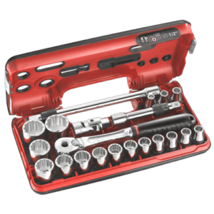 Detection box set with 12-point sockets and ratchet, ideal for automotive and mechanical work, in a red plastic case.