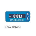 RaceLogic lap timer displaying 0'01.1 with blue casing and control buttons, used in motorsport for lap timing and performance analysis.