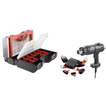 Grand Prix Racewear heat shrinking sheath kit with toolbox, heat gun, and accessories for electrical insulation and protection.