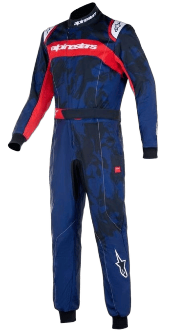 Grand Prix Racewear racing suit in blue, red, and white with Alpinestars logo, designed for motorsport safety and performance.