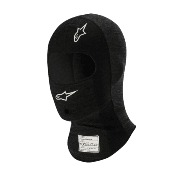Black racing balaclava with white Alpinestars logo, designed for motorsport safety and comfort.
