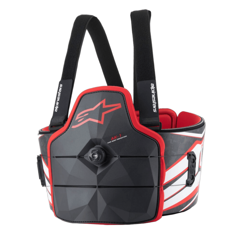 Alpinestars AK-1 Kart Body Protector in black, red, and grey with adjustable straps for kart racing safety.
