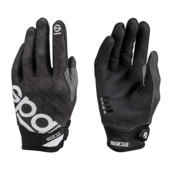 Black Sparco racing gloves with grey and white accents, designed for motorsport safety and performance.