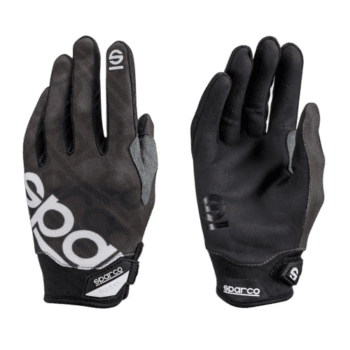 Pair of Sparco racing gloves designed for motorsport, featuring black and grey colours with branding, suitable for Grand Prix racewear.