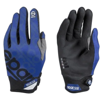 Pair of Sparco racing gloves with blue and black design, suitable for motorsport safety and performance.