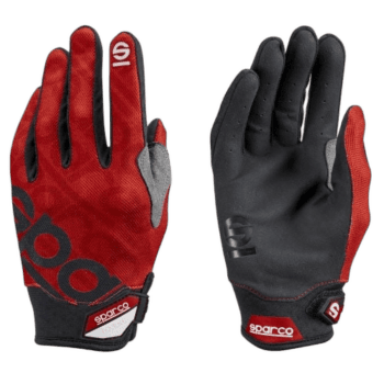 Red and black Sparco racing gloves with protective padding, designed for motorsport safety and performance.