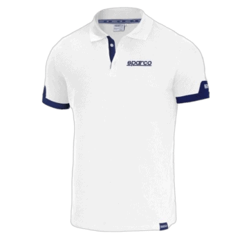 White Sparco racing polo shirt with blue accents, ideal for motorsport enthusiasts and racewear fans.