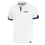 White Sparco racing polo shirt with blue accents, ideal for motorsport enthusiasts and racewear fans.