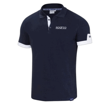 Sparco branded navy blue polo shirt with white accents on sleeves, ideal for motorsport enthusiasts and racewear fans.