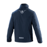 Close-up of a navy blue Grand Prix Racewear racing jacket with white logo details, designed for motorsport enthusiasts.