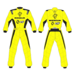 Yellow Grand Prix racing suit with Michelin, Elf, and Sparco logos, designed for professional motorsport drivers.