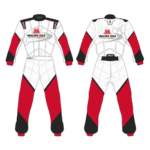 Grand Prix Racewear racing suit design featuring Miller's Oils Motorsport branding, red, black, and white colours, and aerodynamic styling for professional motorsport.