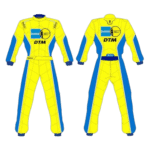 Yellow and blue Grand Prix racing suit with sponsor logos for motorsport racing.
