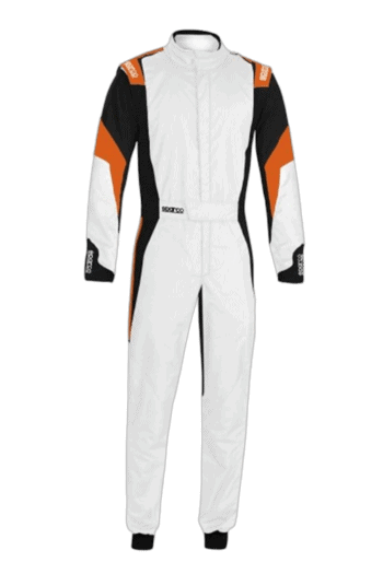 Grand Prix Racewear racing suit in white, black, and orange with protective padding, designed for motorsport drivers.